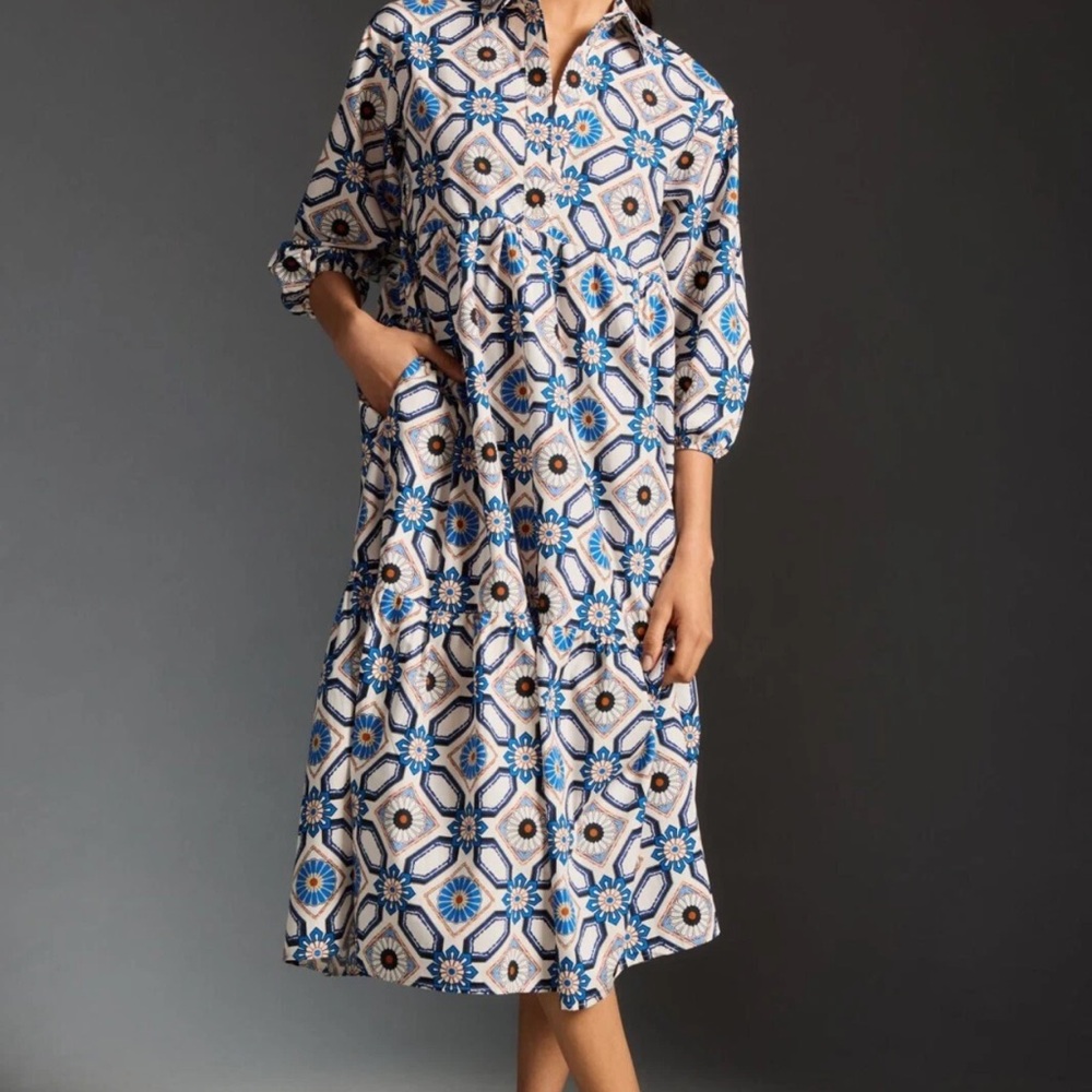 Anthropologie Maeve Blue and Orange geometric Dress in small petite